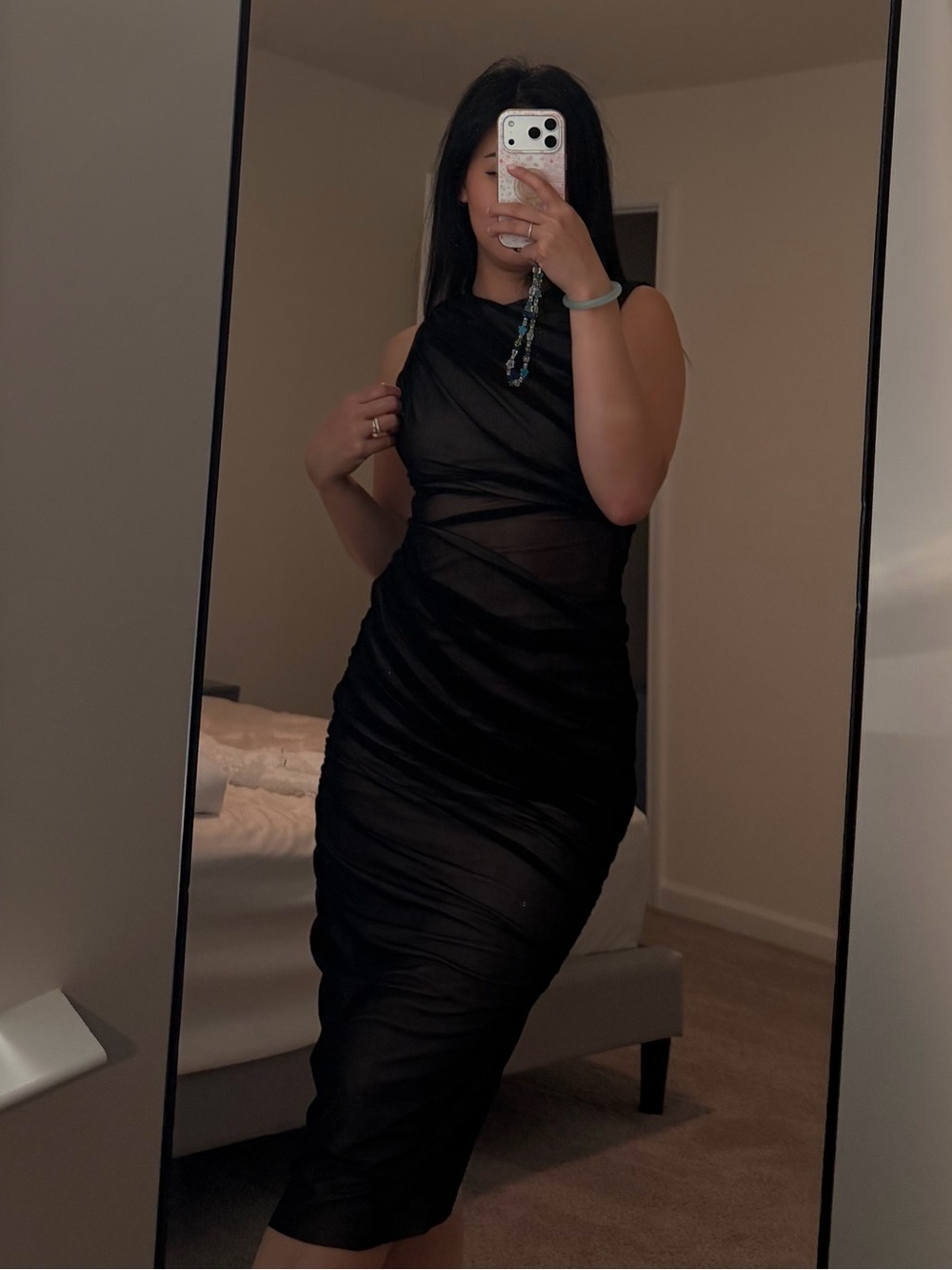 Zara Black Ruched Sheer Midi Dress xs